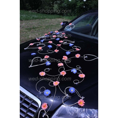 Décoration de voiture de Mariés Marguerites pêche et bleu