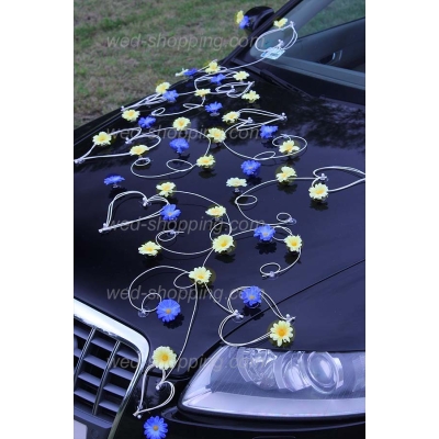 Décoration voiture mariage marguerites jaune-bleu