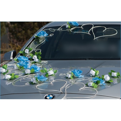 Roses bleu décoration pour voiture de mariage bleu blanc