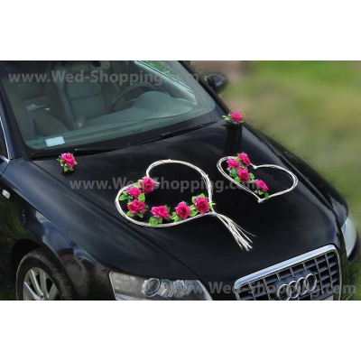 Décoration voiture balai - Coeur en rotin et roses rose