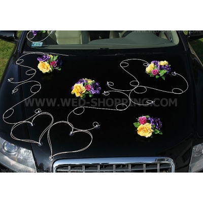Roses violet-jaune-bordeaux Décoration voiture de mariage