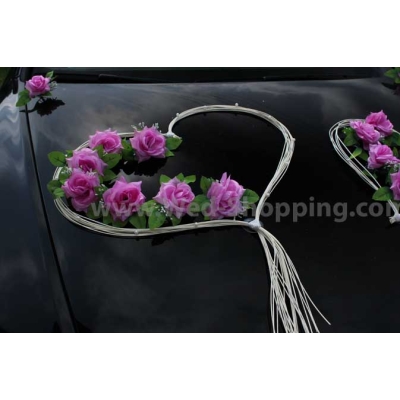 Décoration voiture balai - Coeur en rotin et roses rose