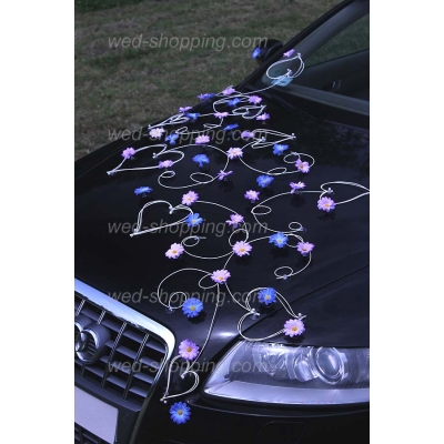 Décoration voiture mariage marguerites violett-bleu