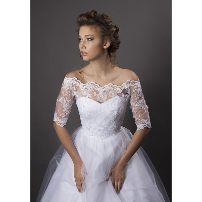 Off-épaule veste boléro en dentelle mariage manches longues moitié broderie de dentelle ivoire retour fixation - liée