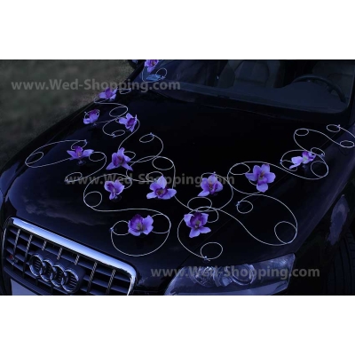 Décoration voiture mariage orchidées lilas