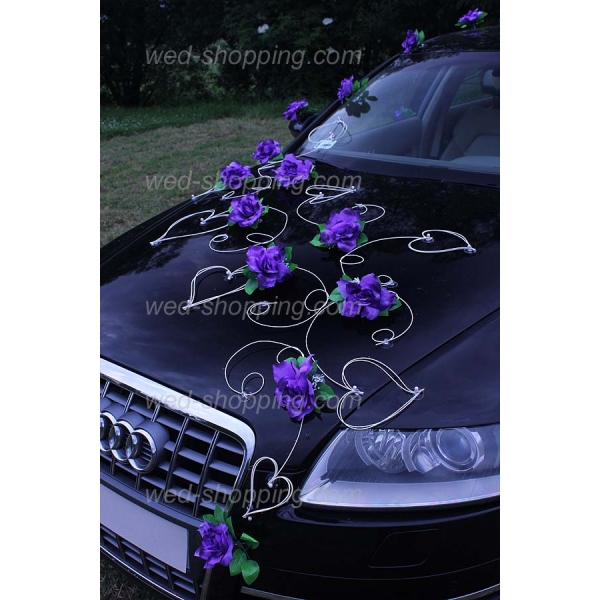 Decoration voiture de mariés roses violette