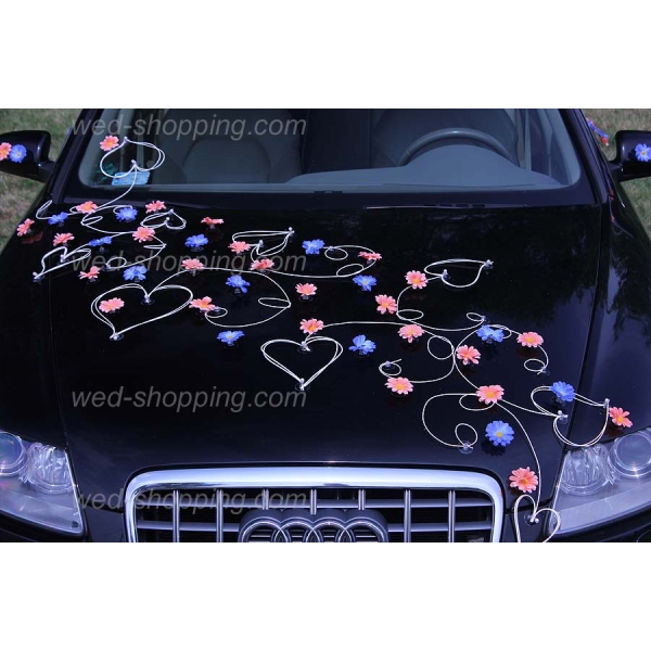 Décoration de voiture de Mariés Marguerites pêche et bleu
