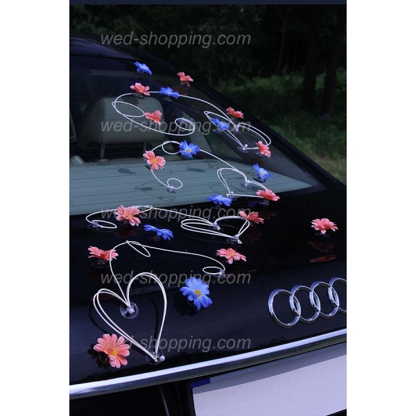 Décoration de voiture de Mariés Marguerites pêche et bleu