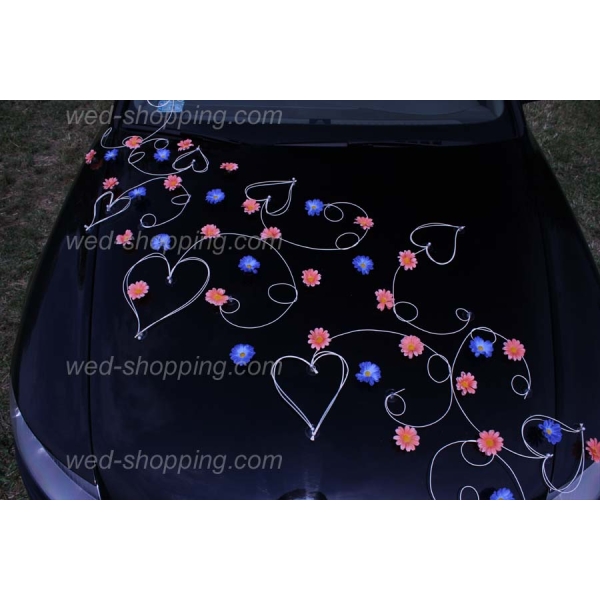 Décoration de voiture de Mariés Marguerites pêche et bleu