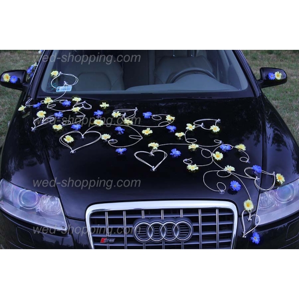 Décoration voiture mariage marguerites jaune-bleu