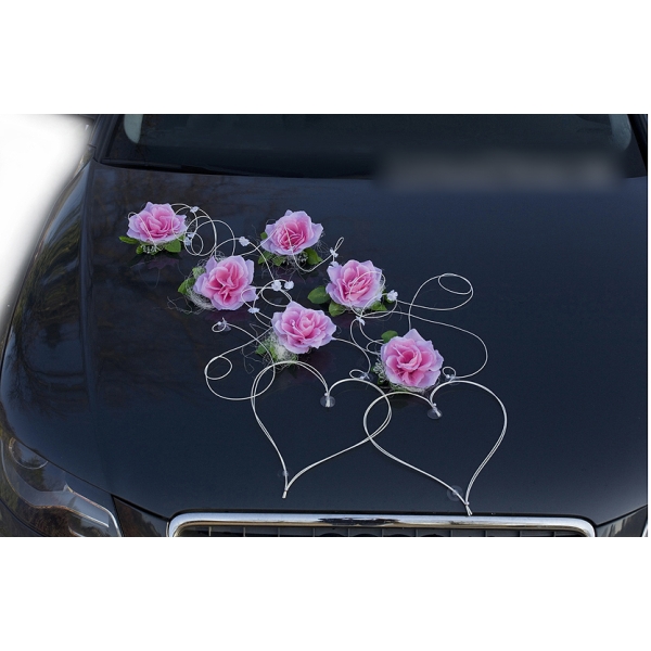 Deco 6 roses 2 coeurs voiture mariage