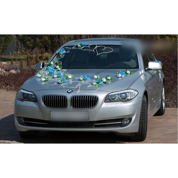 Décoration Voiture Bleu et Blanc Roses Rotin Coeurs