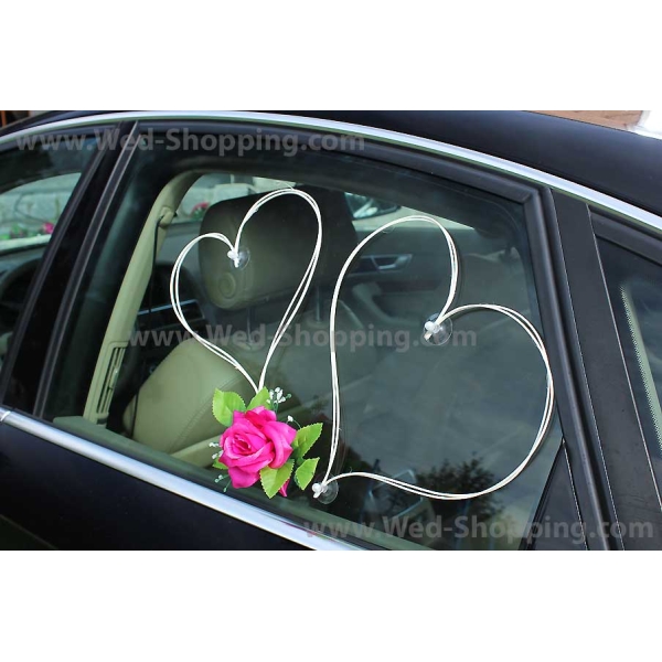 Décoration voiture balai - Coeur en rotin et roses rose