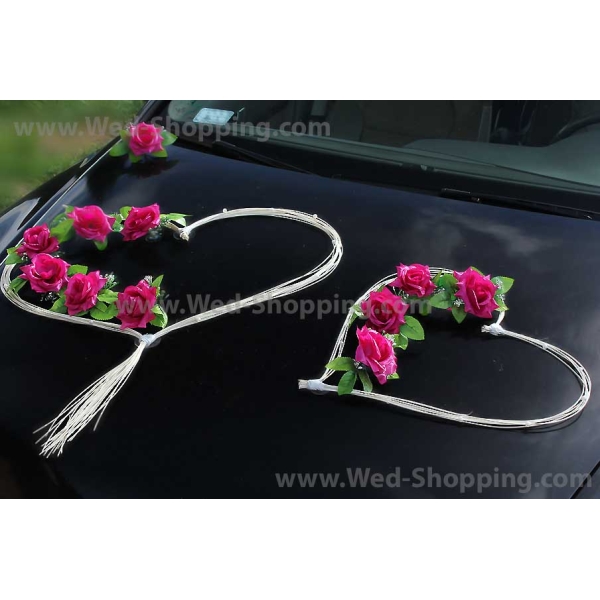 Décoration voiture balai - Coeur en rotin et roses rose