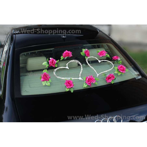 Décoration voiture balai - Coeur en rotin et roses rose