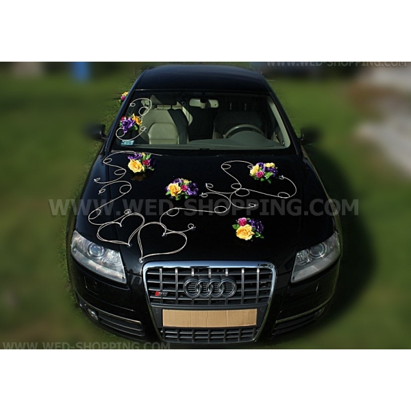 Roses violet-jaune-bordeaux Décoration voiture de mariage