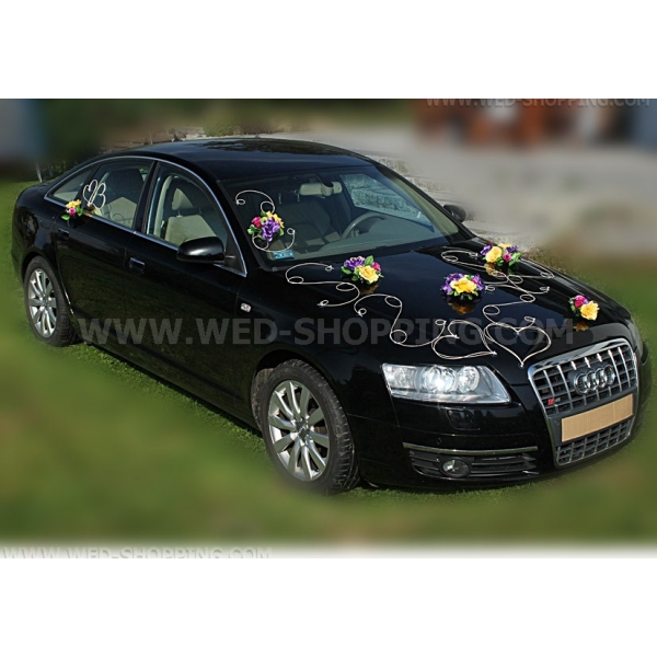 Roses violet-jaune-bordeaux Décoration voiture de mariage