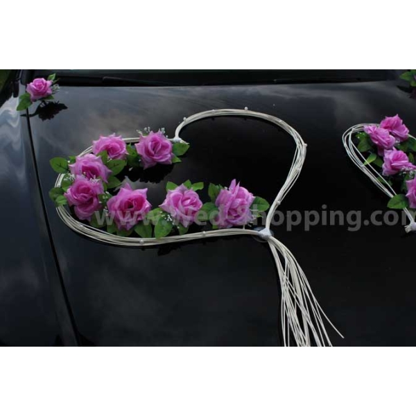 Décoration voiture balai - Coeur en rotin et roses rose