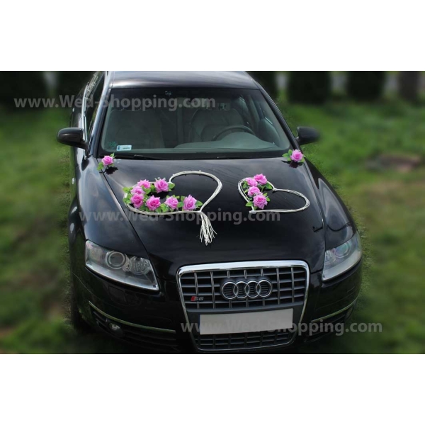 Décoration voiture balai - Coeur en rotin et roses rose