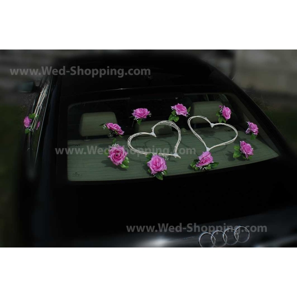 Décoration voiture balai - Coeur en rotin et roses rose
