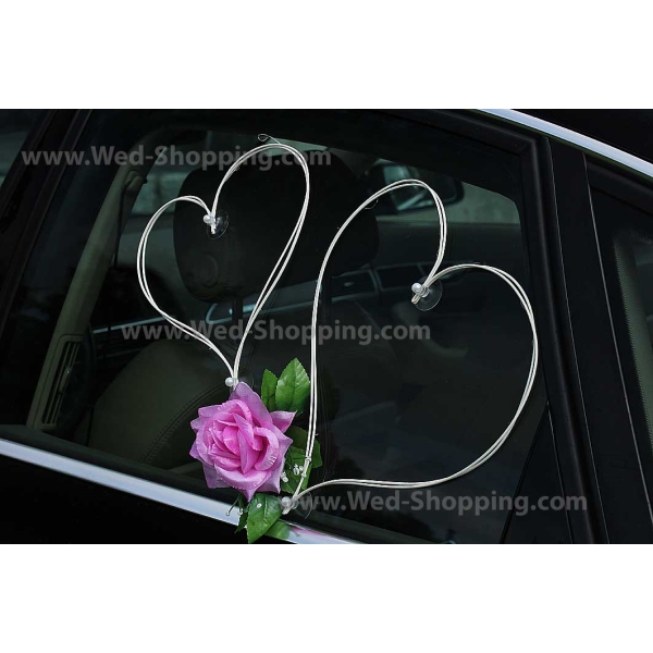 Décoration voiture balai - Coeur en rotin et roses rose