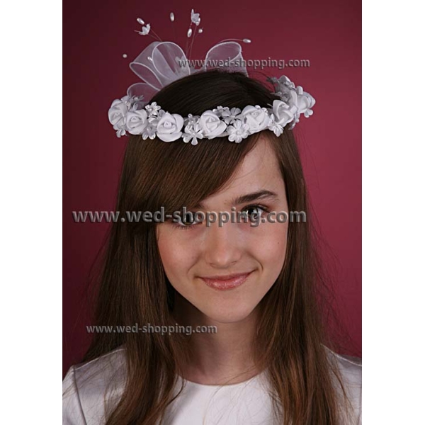 Couronne de communion ronde blanche ruban organza