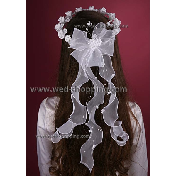 Couronne de communion ronde blanche ruban organza