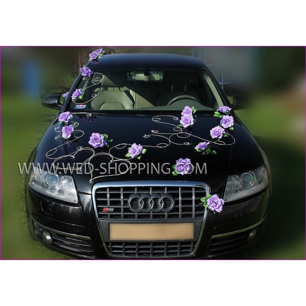 Decoration voiture de mariage violet clair roses