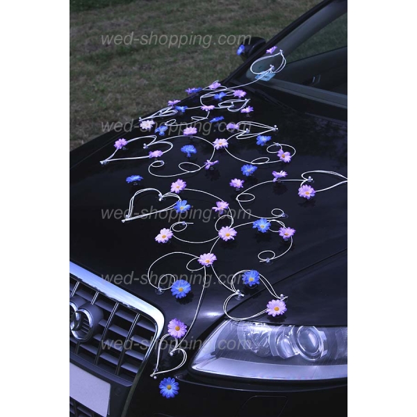 Décoration voiture mariage marguerites violett-bleu