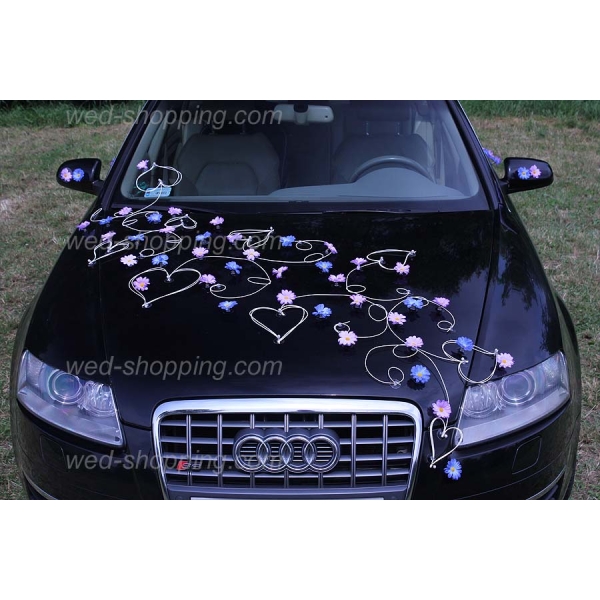 Décoration voiture mariage marguerites violett-bleu