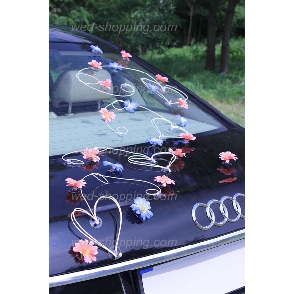 Décoration voiture mariage marguerites violett-bleu
