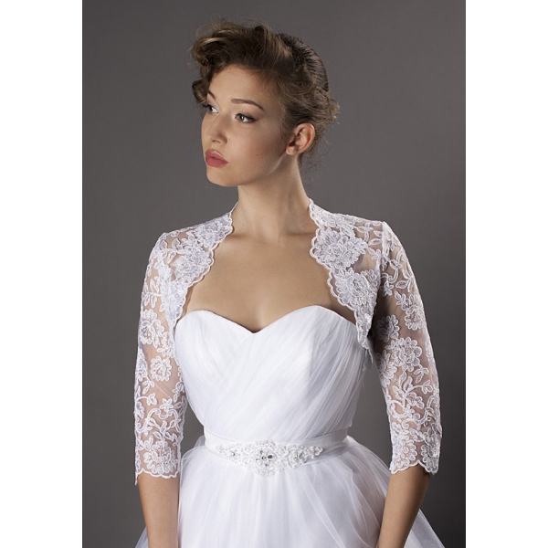 Dentelle veste boléro en haussant les épaules des deux tiers manches broderie dentelle à avant ouverte