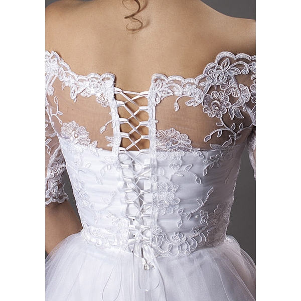 Off-épaule boléro mariage en dentelle manches longues moitié Fermeture dos en boutons
