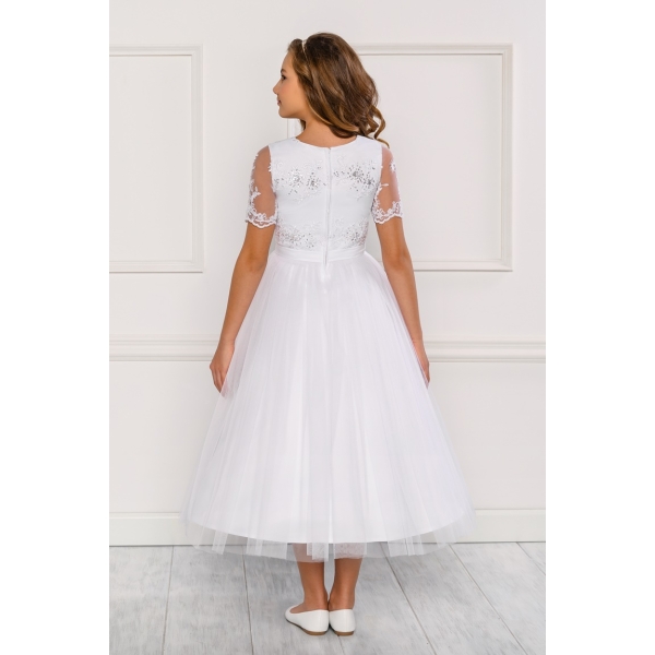 Robe de communion Tulle Satin et Dentelle manches courtes