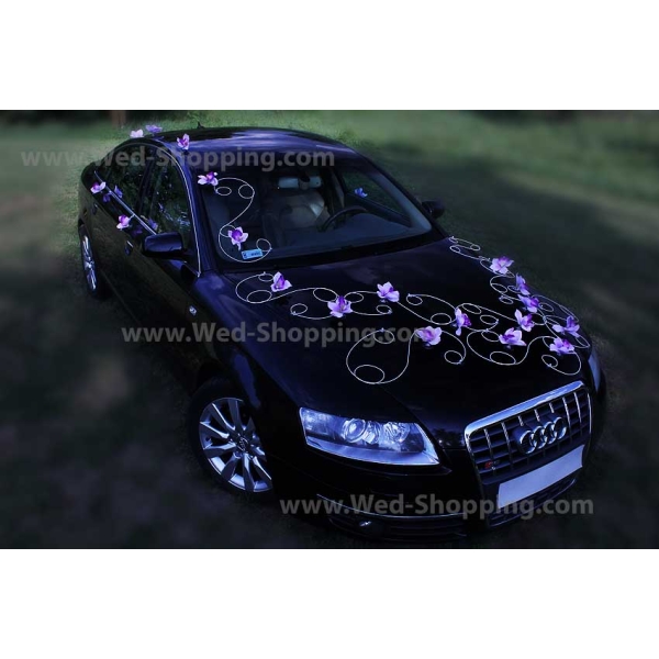 décoration de voiture de mariage orchidées lilas